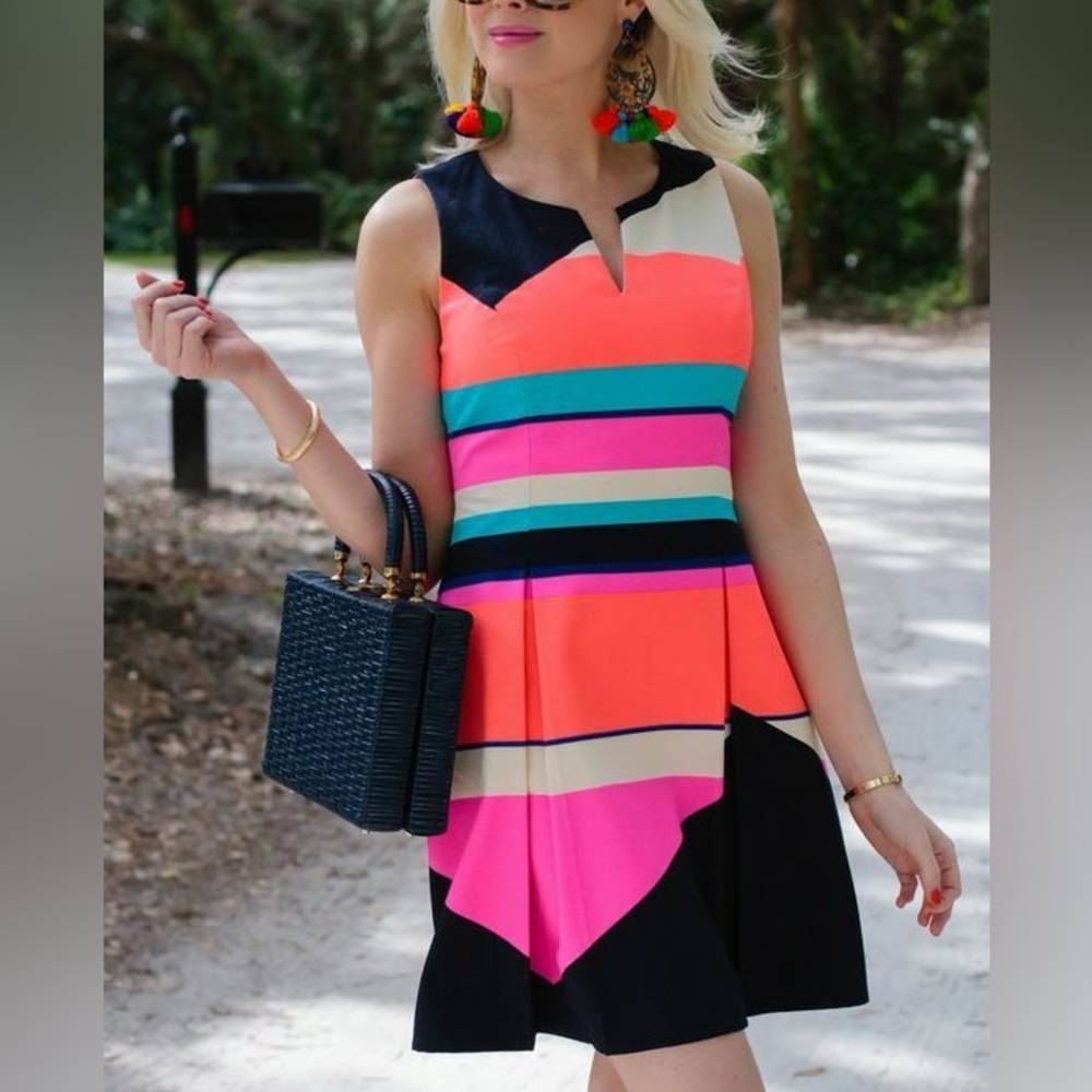 Julie Brown Harlyn Sleeveless Colorblock Colorful Striped Dress Pleats A-Line 4
